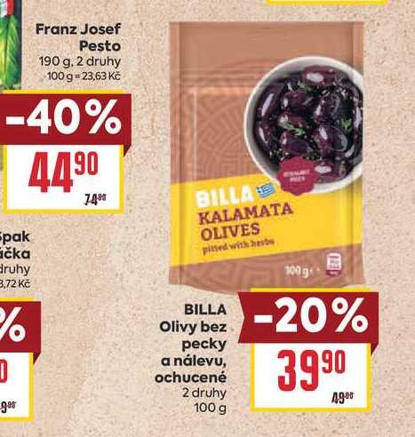 BILLA Olivy bez pecky a nálevu, ochucené 2 druhy 100 g 