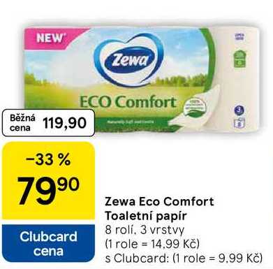Zewa Eco Comfort Toaletní papír, 8 rolí, 3 vrstvy Tesco