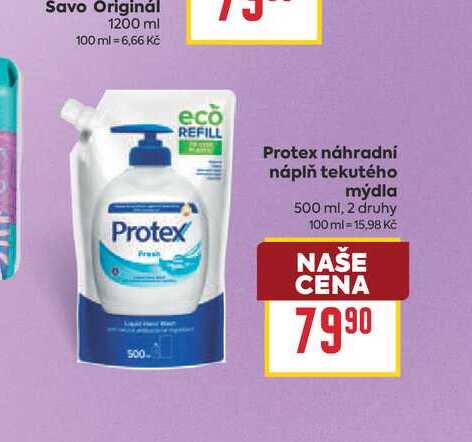 Protex antibakteriální tekuté mýdlo náhradní náplň, vybrané druhy 500ml BILLA