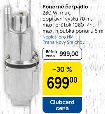 Ponorné čerpadlo, 280 W. max. dopravní výška 70 m. max. průtok 1080 1/h. max. hloubka ponoru 5 m