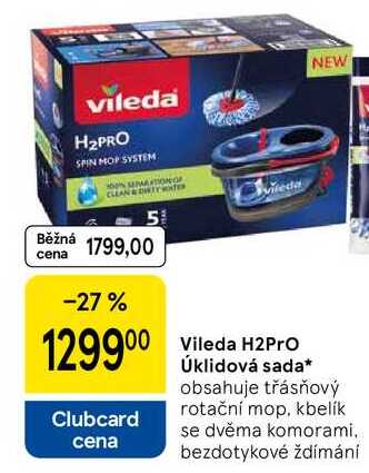 Vileda H2Pro Úklidová sada, obsahuje třásňový rotační mop, kbelík se dvěma komorami, bezdotykové Tesco