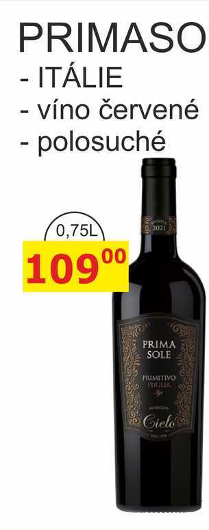 PRIMASOLE PRIMITIVO - ITÁLIE víno červené, polosuché 0,75L
