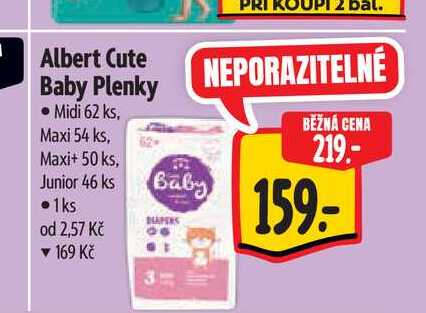 Albert Cute Baby Plenky Midi 62 ks, Maxi 54 ks, Maxi+ 50 ks, Junior 46 ks   v akci