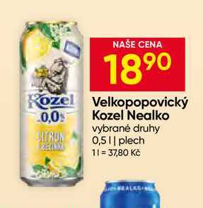Velkopopovický Kozel Nealko vybrané druhy 0,5l plech