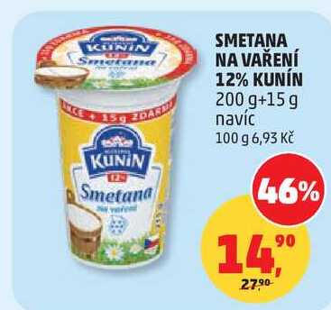 KUNÍN SMETANA NA VAŘENÍ 12% KUNÍN 200 g+15 g