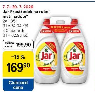 Jar Prostředek na ruční mytí nádobí, 2x 1.35 l Tesco