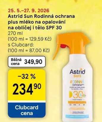 Astrid Sun Rodinná ochrana plus mléko na opalování na obličej i tělo SPF 30, 270 ml Tesco