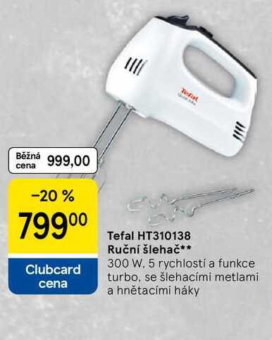 Tefal HT310138 Ruční šlehač, 300 W. 5 rychlostí a funkce turbo, se šlehacími metlami a hnětacími háky 
