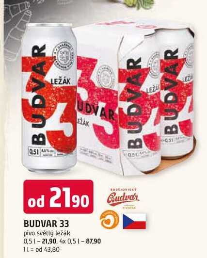 BUDVAR 33 pivo světlý ležák 0,5l