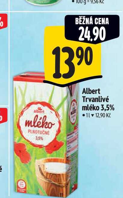  Albert Trvanlivé mléko 3,5% 1 l v akci