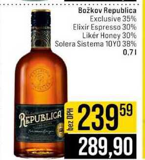 Božkov Republica Exclusive 35% Elixir Espresso 30% Likér Honey 30% Solera Sistema 10Y0 38% 0,7l