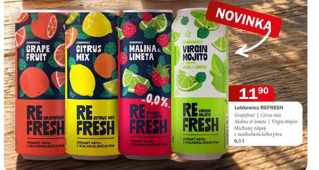 Lobkowicz REFRESH Grapefruit Citrus mix Malina & limeta Virgin Mojito Míchaný nápoj z nealkoholického piva 0,51