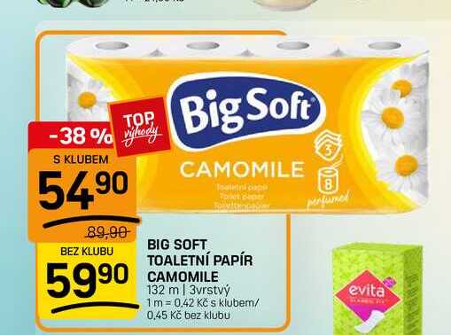 BIG SOFT TOALETNÍ PAPÍR CAMOMILE 132 m | 3vrstvý FLOP TOP