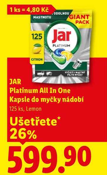 JAR Platinum All In One Kapsle do myčky nádobí, 125 ks