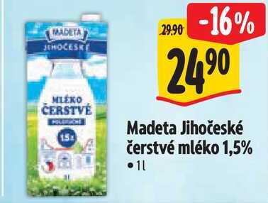 Madeta Jihočeské čerstvé mléko 1,5%, 1 l