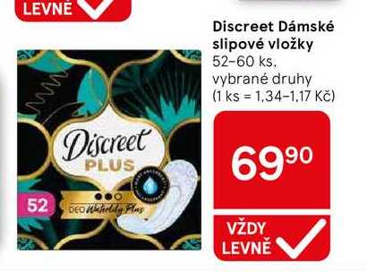 Discreet Dámské slipové vložky, 52-60 ks, vybrané druhy Tesco