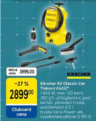 Kärcher K3 Classic Car Tlakový čistič, 1600 W. max. 120 barů, 380 l/h. příslušenství: mycí kartáč, pěnovací tryska. autošampon 0.5 l, tryska Vario Power Jet, vysokotlaká pistole G 120 Q