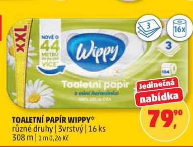 TOALETNÍ PAPÍR WIPPY různé druhy, 3vrstvý, 16 ks Penny Market