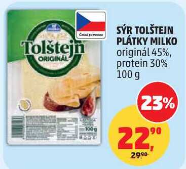 SÝR TOLŠTEJN PLÁTKY MILKO originál 45%, protein 30%, 100 g
