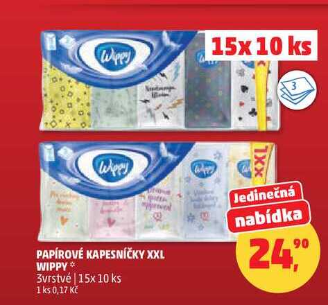 PAPÍROVÉ KAPESNÍČKY XXL WIPPY, 3vrstvé, 15x 10 ks Penny Market