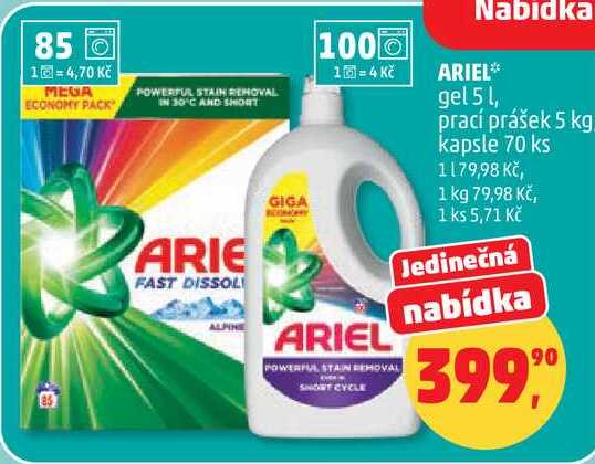 ARIEL gel 5 l, prací prášek 5 kg, kapsle 70 ks Penny Market