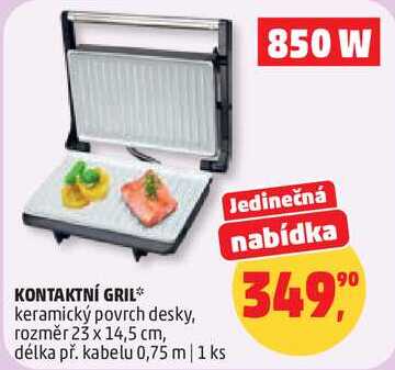 KONTAKTNÍ GRIL keramický povrch desky, rozměr 23 x 14,5 cm, délka př. kabelu 0,75 m, 1 ks 