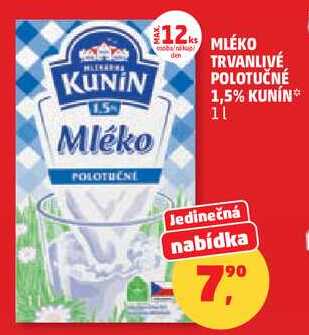 KUNIN trvanlivé polotučné mléko, 1 l