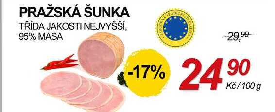 PRAŽSKÁ ŠUNKA TŘÍDA JAKOSTI NEJVYŠŠÍ, 95% MASA, 100 g