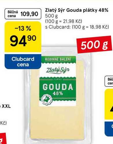 Zlatý sýr Gouda plátky 48%, 500 g