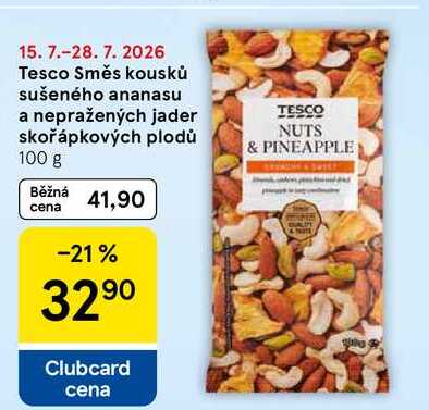 Tesco Směs kousků sušeného ananasu a nepražených jader skořápkových plodů, 100 g