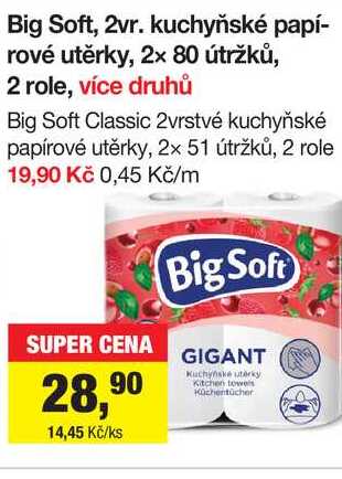 Big Soft, 2vr. kuchyňské papírové utěrky, 2x 80 útržků, 2 role, více druhů