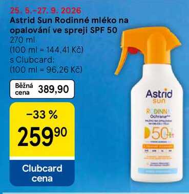Astrid Sun Rodinné mléko na opalování ve spreji SPF 50, 270 ml Tesco