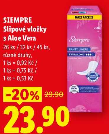 SIEMPRE Slipové vložky s Aloe Vera, 26 ks/32 ks/45 ks,