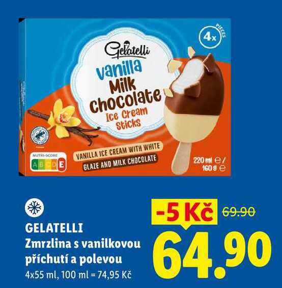 GELATELLI Zmrzlina s vanilkovou příchutí a polevou, 4x 55 ml