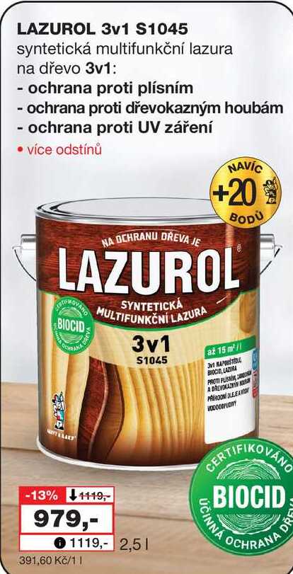 LAZUROL 3v1 S1045 syntetická multifunkční lazura na dřevo 3v1, 2,5 l