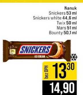 Nanuk Snickers 53 ml Snickers white 44,6 ml Twix 50 ml Mars 51 ml Bounty 50,1 ml