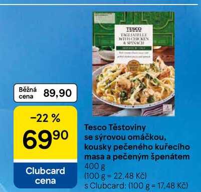 Tesco Těstoviny se sýrovou omáčkou, kousky pečeného kuřecího masa a pečeným špenátem, 400 g 