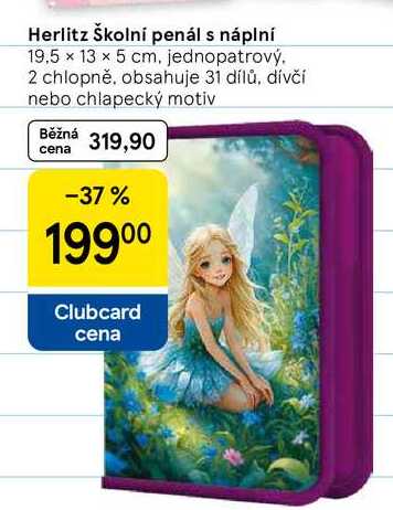 Herlitz Školní penál s náplní, 19,5 x 13 x 5 cm, jednopatrový. 2 chlopně, obsahuje 31 dílů, dívčí nebo chlapecký motiv  