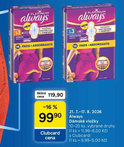 Always Dámské vložky, 10-20 ks Tesco