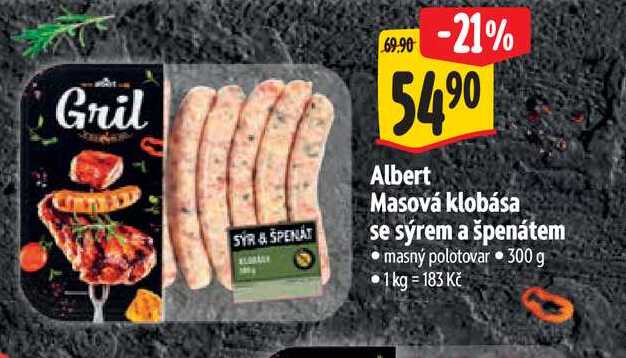 Albert Masová klobása se sýrem a špenátem 300 g