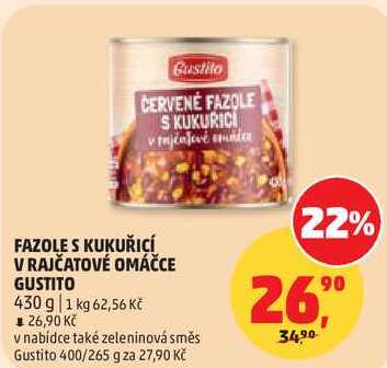 FAZOLE S KUKUŘICÍ V RAJČATOVÉ OMÁČCE GUSTITO, 430 g  