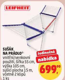 LEIFHEIT SUŠÁK NA PRÁDLO vnitřní/venkovní použití, šířka 55 cm, výška 105 cm, 1 ks