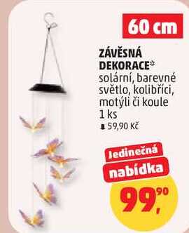 ZÁVĚSNÁ DEKORACE solární, barevné světlo, kolibříci, motýli či koule, 1 ks  