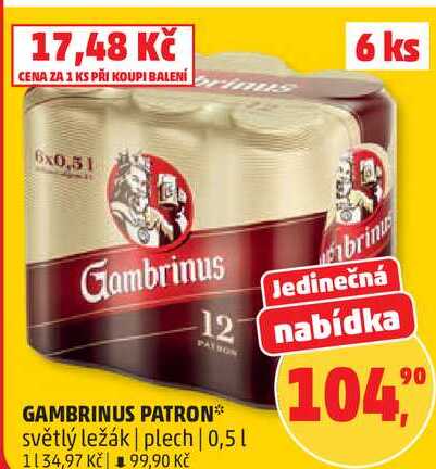 GAMBRINUS PATRON světlý ležák plech, 0,5 l