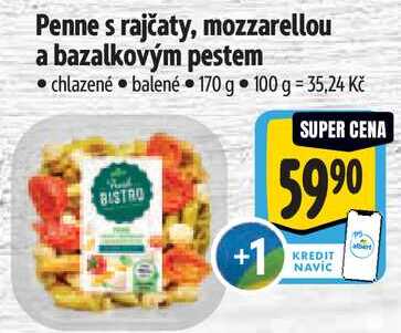 Penne s rajčaty, mozzarellou a bazalkovým pestem, 170 g