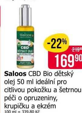 Saloos CBD Bio dětský olej 50 ml ideální pro citlivou pokožku a šetrnou péči o opruzeniny, krupičku a ekzém