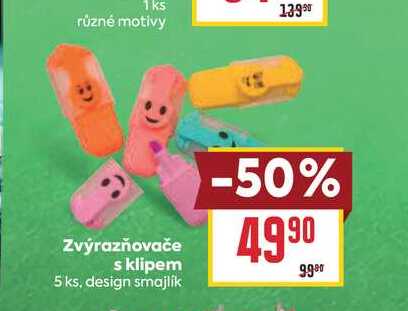 Zvýrazňovače s klipem 5 ks, design smajlík