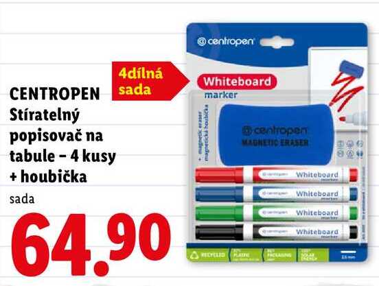 CENTROPEN Stíratelný popisovač na tabule - 4 kusy + houbička
