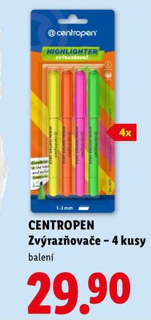 CENTROPEN Zvýrazňovače - 4 kusy 
