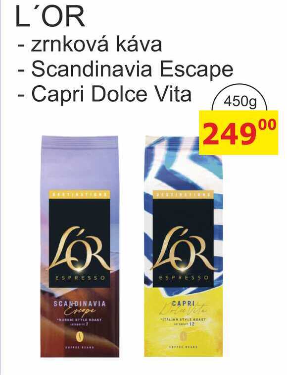 L'OR zrnková káva - Scandinavia Escape, Capri Dolce Vita 450g 
